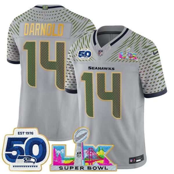 Seattle Seahawks Sam Darnold "Super Bowl LX & 50th Patch" Gold Trim Vapor Limited Jersey - All Stitched - Wolf Gray