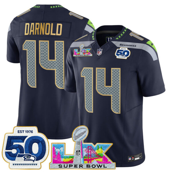 Seattle Seahawks Sam Darnold "Super Bowl LX & 50th Patch" Gold Trim Vapor Limited Jersey - All Stitched - College Navy