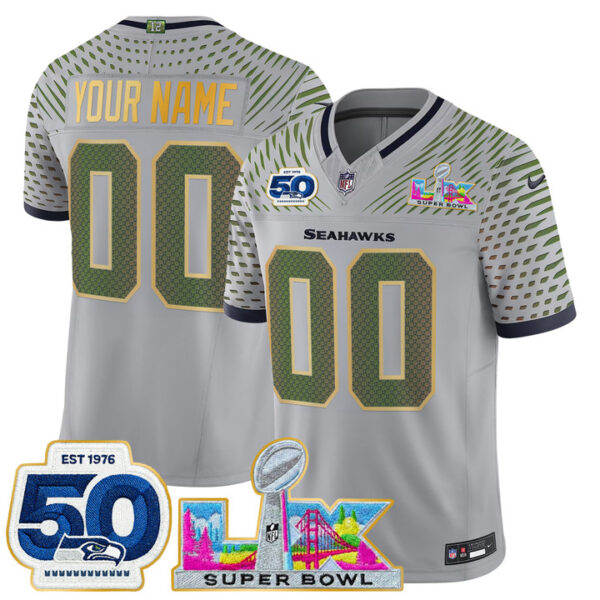Seattle Seahawks "Super Bowl LX & 50th Patch" Gold Trim Vapor Limited Custom Jersey - All Stitched - Wolf Gray