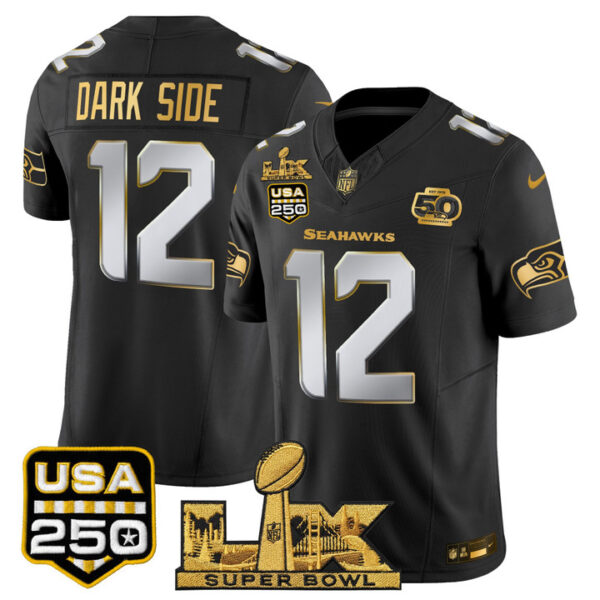 #12 DARK SIDE Seattle Seahawks "Super Bowl LX & United States 250th Anniversary Patch" Gold Vapor Limited Jersey - All Stitched - Black Limited