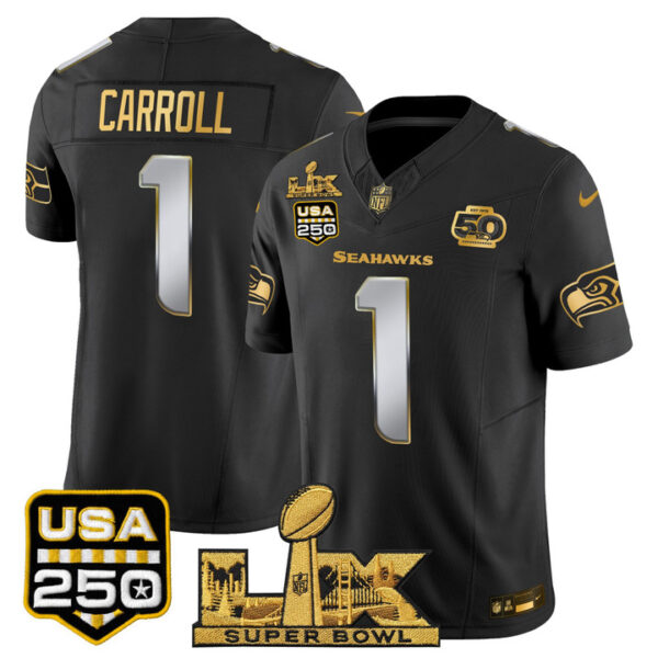 Pete Carroll Seattle Seahawks "Super Bowl LX & United States 250th Anniversary Patch" Gold Vapor Limited Jersey - All Stitched - Black Limited