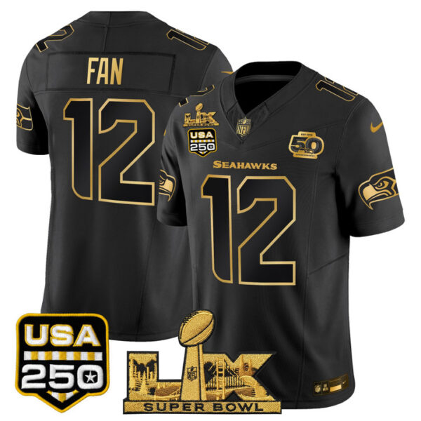 12th Fan Seattle Seahawks "Super Bowl LX & United States 250th Anniversary Patch" Gold Vapor Limited Jersey - All Stitched - Black Gold