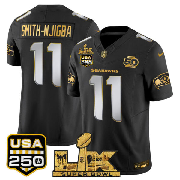 Smith-Njigba Seattle Seahawks "Super Bowl LX & United States 250th Anniversary Patch" Gold Vapor Limited Jersey - All Stitched - Black Limited