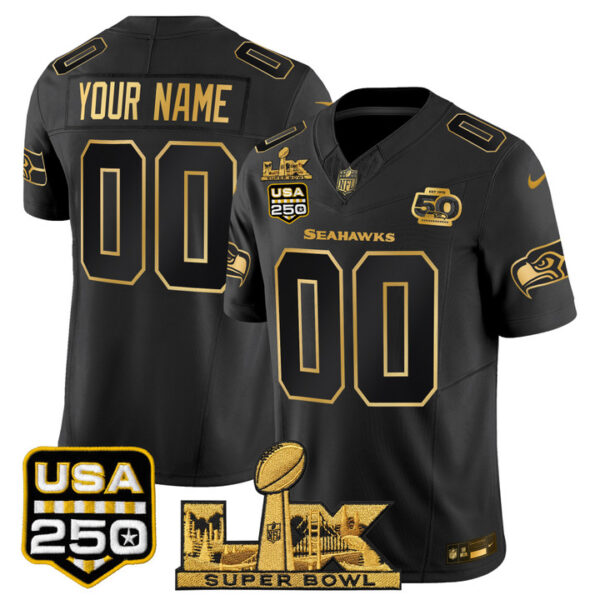 Seattle Seahawks "Super Bowl LX & United States 250th Anniversary Patch" Gold Vapor Limited Custom Jersey - All Stitched - Black Gold