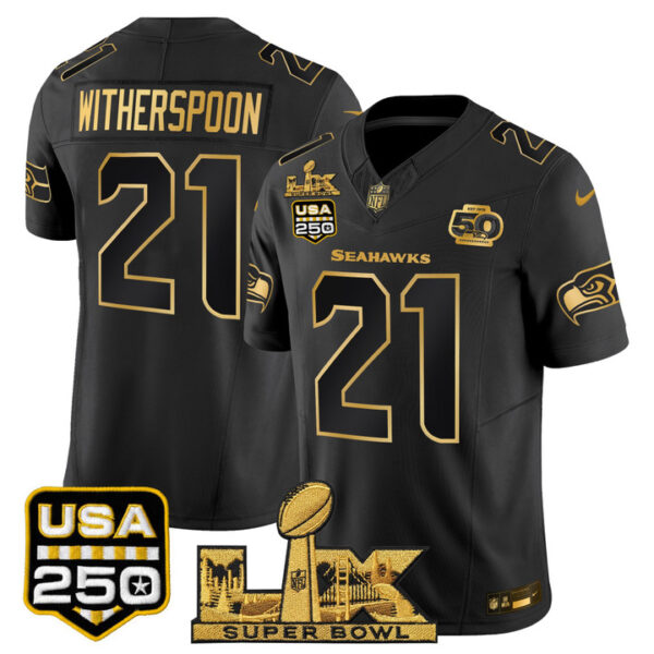 Devon Witherspoon Seattle Seahawks "Super Bowl LX & United States 250th Anniversary Patch" Gold Vapor Limited Jersey - All Stitched - Black Gold