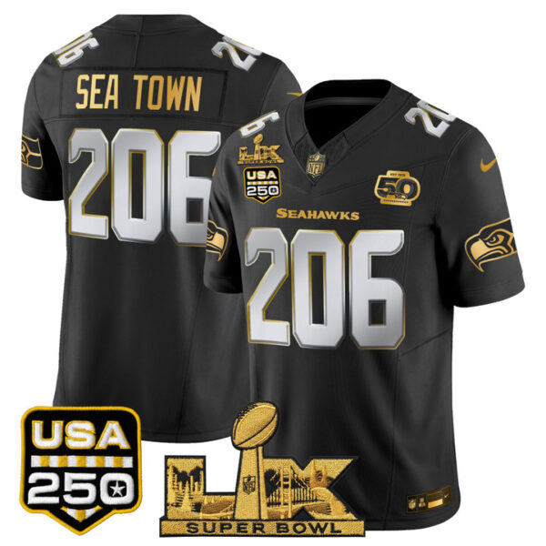 Sea Town 206 Seattle Seahawks "Super Bowl LX & United States 250th Anniversary Patch" Gold Vapor Limited Jersey - All Stitched - Black Limited