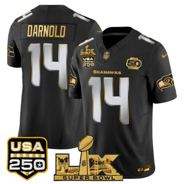 Sam Darnold Seattle Seahawks "Super Bowl LX & United States 250th Anniversary Patch" Gold Vapor Limited Jersey - All Stitched - Black Limited