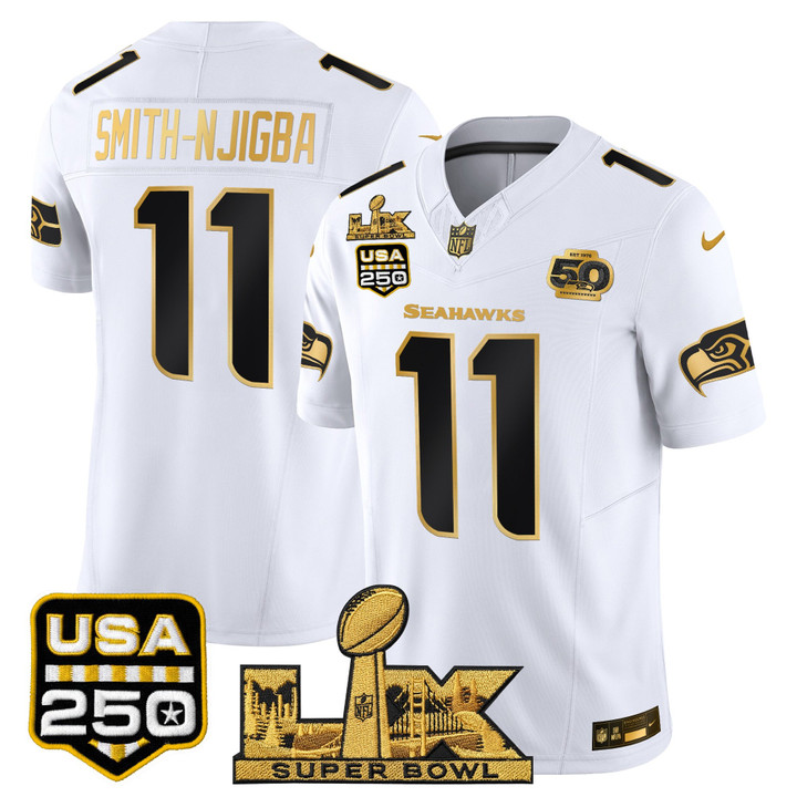 Smith-Njigba Seattle Seahawks "Super Bowl LX & United States 250th Anniversary Patch" Gold Vapor Limited Jersey - All Stitched - White Gold