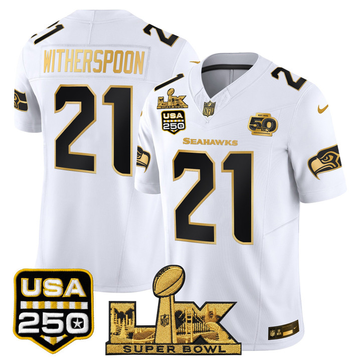 Devon Witherspoon Seattle Seahawks "Super Bowl LX & United States 250th Anniversary Patch" Gold Vapor Limited Jersey - All Stitched - White Gold
