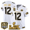 #12 DARK SIDE Seattle Seahawks "Super Bowl LX & United States 250th Anniversary Patch" Gold Vapor Limited Jersey - All Stitched - White Gold