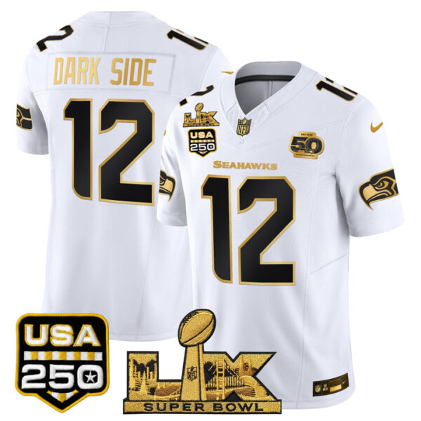 #12 DARK SIDE Seattle Seahawks "Super Bowl LX & United States 250th Anniversary Patch" Gold Vapor Limited Jersey - All Stitched - White Gold