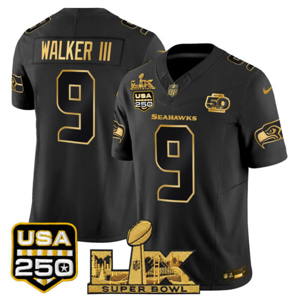 Walker III Seattle Seahawks "Super Bowl LX & United States 250th Anniversary Patch" Gold Vapor Limited Jersey - All Stitched - Black Gold