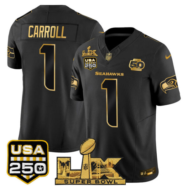 Pete Carroll Seattle Seahawks "Super Bowl LX & United States 250th Anniversary Patch" Gold Vapor Limited Jersey - All Stitched - Black Gold