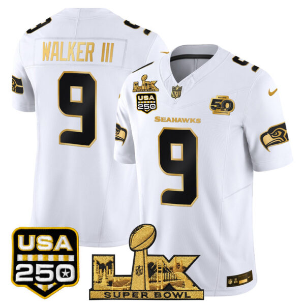 Walker III Seattle Seahawks "Super Bowl LX & United States 250th Anniversary Patch" Gold Vapor Limited Jersey - All Stitched - White Gold