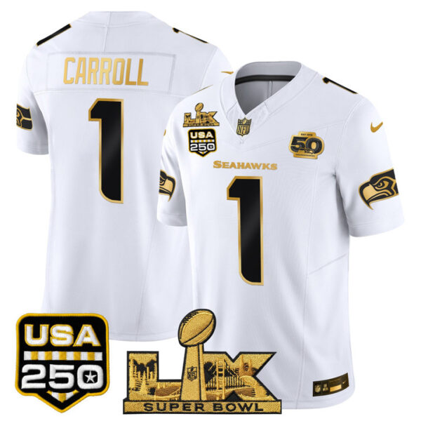 Pete Carroll Seattle Seahawks "Super Bowl LX & United States 250th Anniversary Patch" Gold Vapor Limited Jersey - All Stitched - White Gold