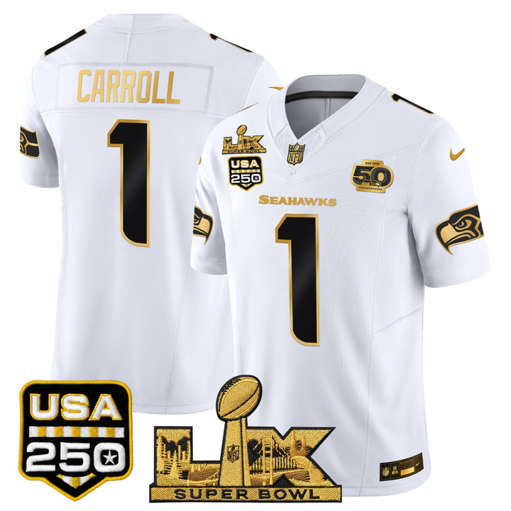 Pete Carroll Seattle Seahawks "Super Bowl LX & United States 250th Anniversary Patch" Gold Vapor Limited Jersey - All Stitched - White Gold
