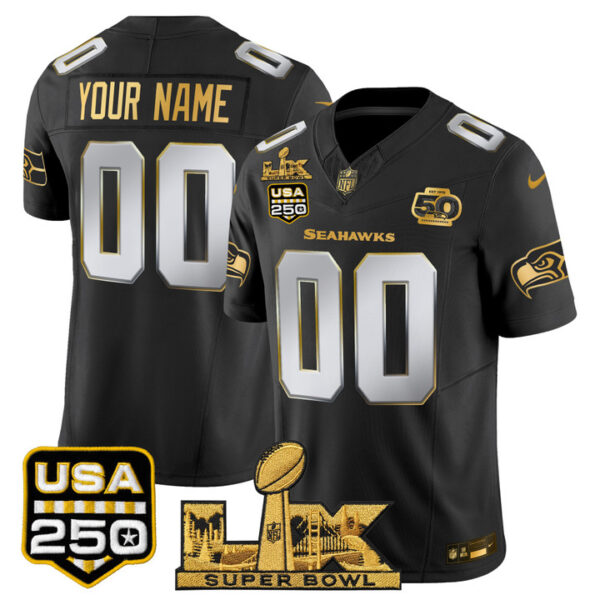 Seattle Seahawks "Super Bowl LX & United States 250th Anniversary Patch" Gold Vapor Limited Custom Jersey - All Stitched - Black Limited