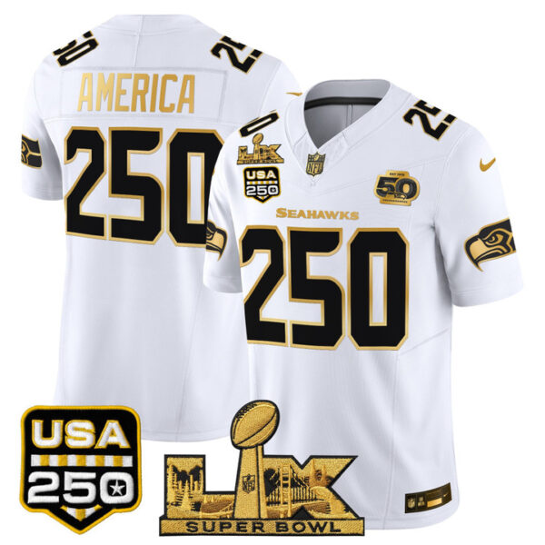 #250 America Seattle Seahawks "Super Bowl LX & United States 250th Anniversary Patch" Gold Vapor Limited Jersey - All Stitched - White Gold