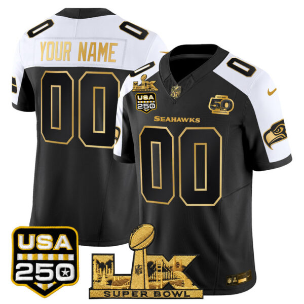 Seattle Seahawks "Super Bowl LX & United States 250th Anniversary Patch" Gold Vapor Limited Custom Jersey - All Stitched - Black Alternate