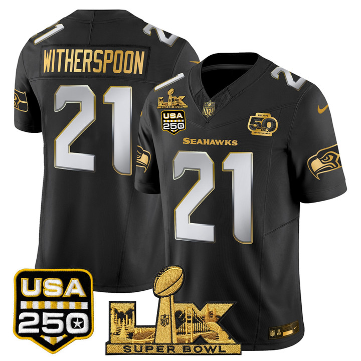 Devon Witherspoon Seattle Seahawks "Super Bowl LX & United States 250th Anniversary Patch" Gold Vapor Limited Jersey - All Stitched - Black Limited