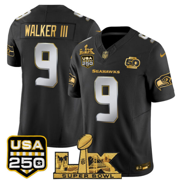 Walker III Seattle Seahawks "Super Bowl LX & United States 250th Anniversary Patch" Gold Vapor Limited Jersey - All Stitched - Black Limited