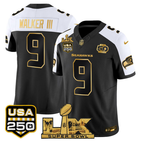 Walker III Seattle Seahawks "Super Bowl LX & United States 250th Anniversary Patch" Gold Vapor Limited Jersey - All Stitched - Black Alternate
