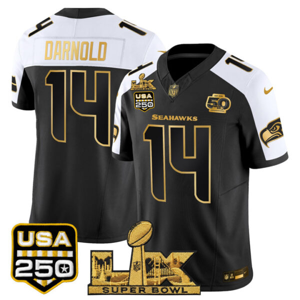 Sam Darnold Seattle Seahawks "Super Bowl LX & United States 250th Anniversary Patch" Gold Vapor Limited Jersey - All Stitched - Black Alternate