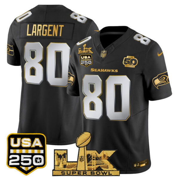 Steve Largent Seattle Seahawks "Super Bowl LX & United States 250th Anniversary Patch" Gold Vapor Limited Jersey - All Stitched - Black Limited