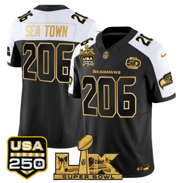 Sea Town 206 Seattle Seahawks "Super Bowl LX & United States 250th Anniversary Patch" Gold Vapor Limited Jersey - All Stitched - Black Alternate