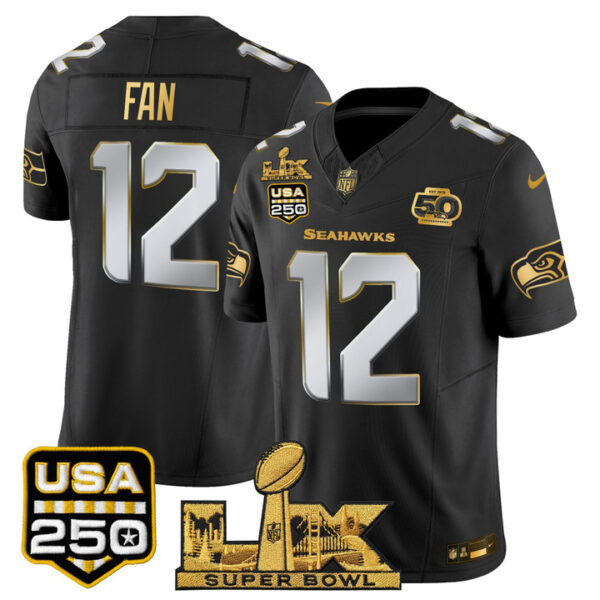12th Fan Seattle Seahawks "Super Bowl LX & United States 250th Anniversary Patch" Gold Vapor Limited Jersey - All Stitched - Black Limited
