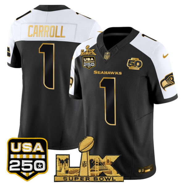 Pete Carroll Seattle Seahawks "Super Bowl LX & United States 250th Anniversary Patch" Gold Vapor Limited Jersey - All Stitched - Black Alternate
