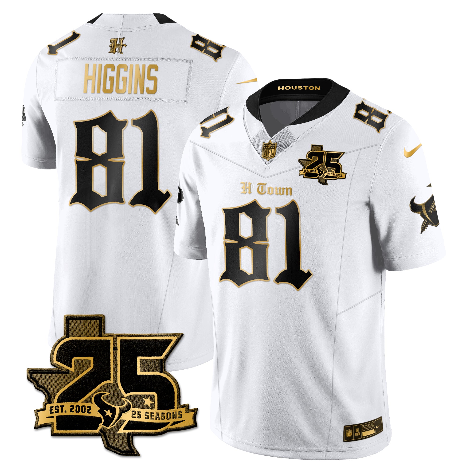 Houston Texans Jayden Higgins 25th Seasons in 2026 Gothic Vapor Gold Edition Limited Jersey - White Gold
