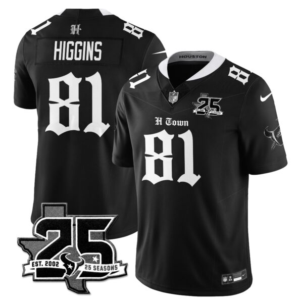 Houston Texans Jayden Higgins 25th Seasons in 2026 Gothic Vapor Gold Edition Limited Jersey - Black