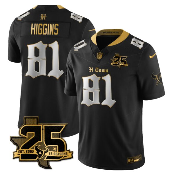 Houston Texans Jayden Higgins 25th Seasons in 2026 Gothic Vapor Gold Edition Limited Jersey - Black Limited