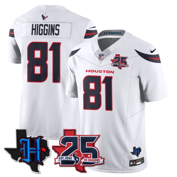 Houston Texans Jayden Higgins 25th Seasons in 2026 Basic Vapor Limited Jersey - White