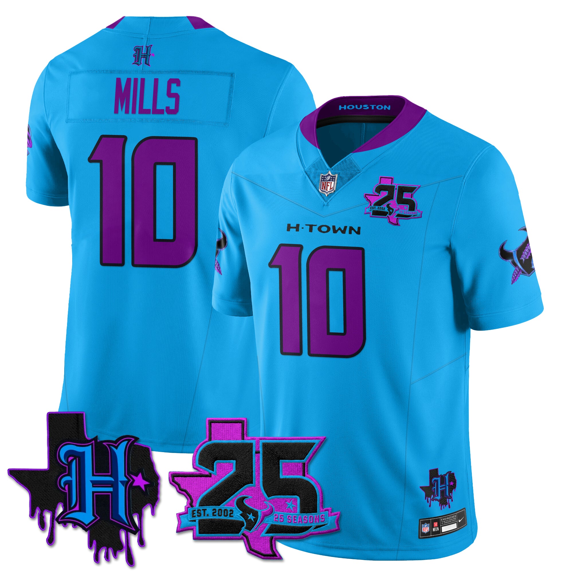 Houston Texans Davis Mills 25th Seasons in 2026 DJ Screw Vapor Limited Jersey - Blue