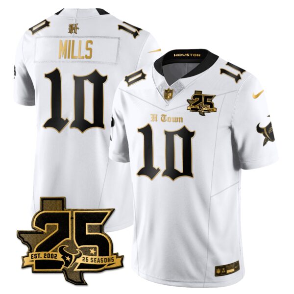 Houston Texans Davis Mills 25th Seasons in 2026 Gothic Vapor Gold Edition Limited Jersey - White Gold
