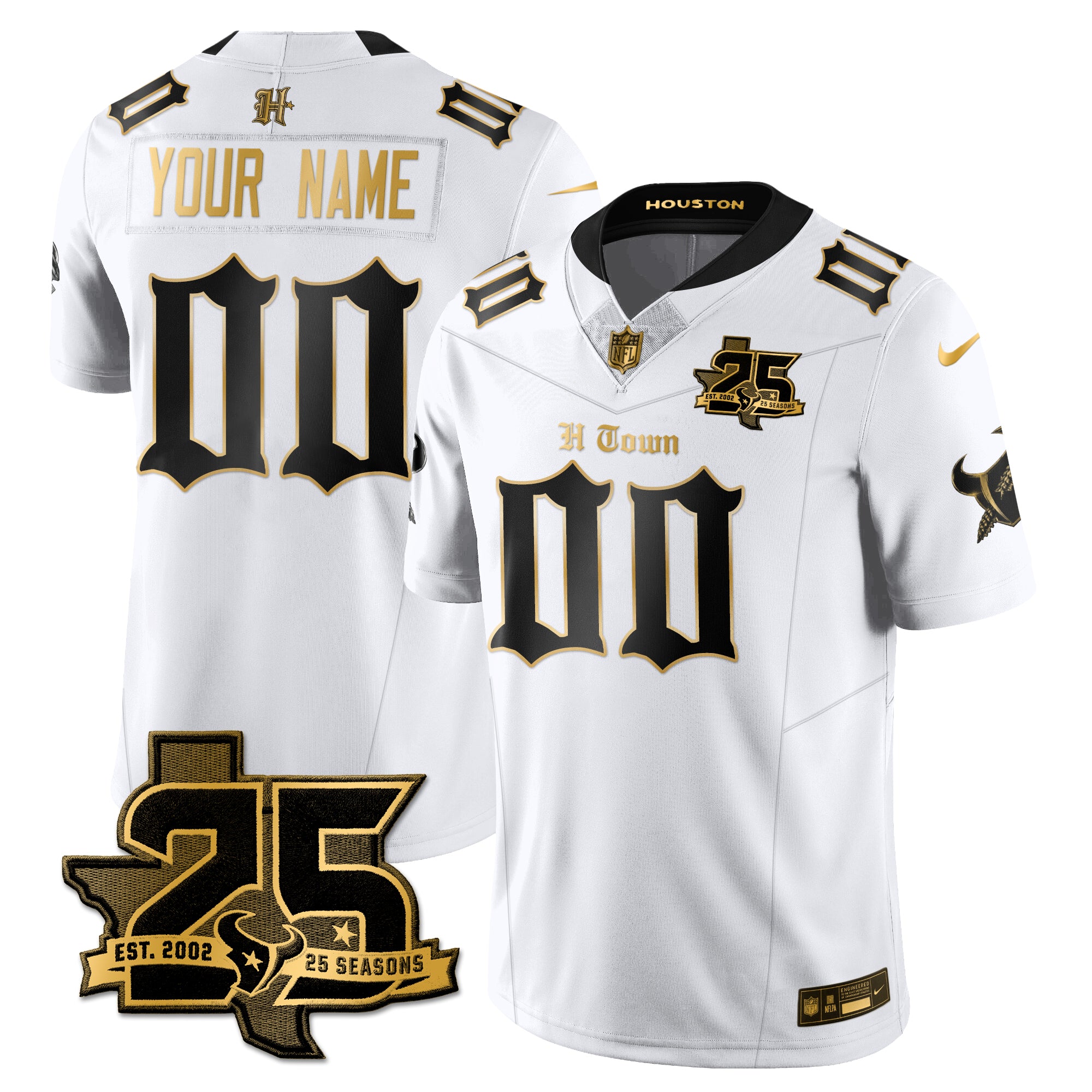 Houston Texans 25th Seasons in 2026 Gothic Vapor Gold Edition Custom Limited Jersey - White Gold
