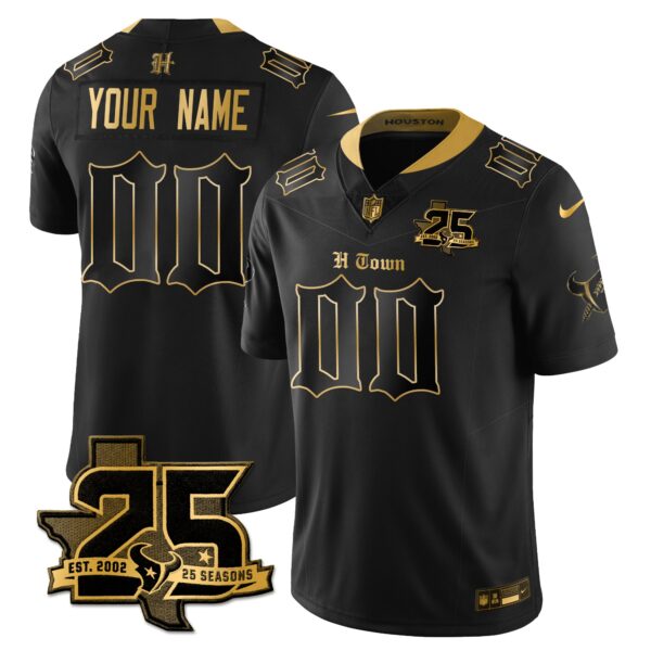 Houston Texans 25th Seasons in 2026 Gothic Vapor Gold Edition Custom Limited Jersey - Black Gold
