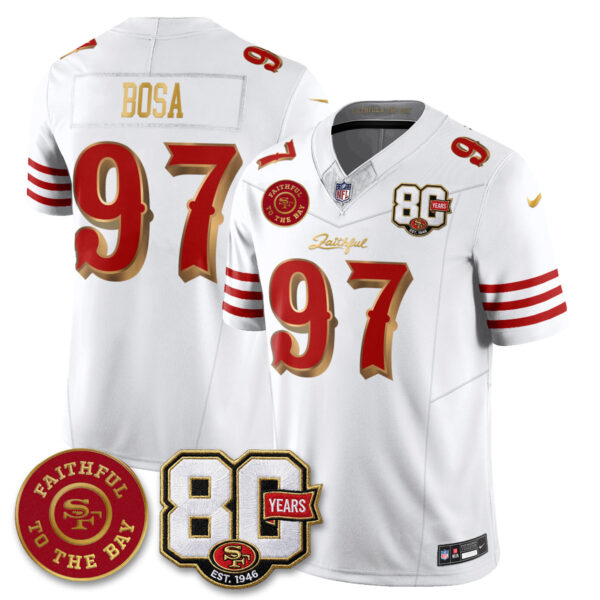 San Francisco 49ers Nick Bosa 80th Anniversary “Rivalries” Faithful To The Bay Patch Vapor Limited Jersey - All Stitched - White Gold