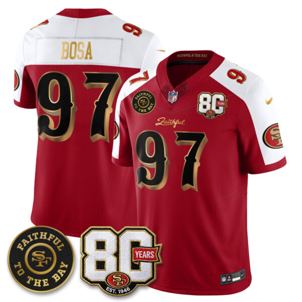 San Francisco 49ers Nick Bosa 80th Anniversary “Rivalries” Faithful To The Bay Patch Vapor Limited Jersey - All Stitched - Red Alternate