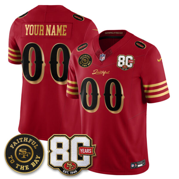 San Francisco 49ers 80th Anniversary “Rivalries” Faithful To The Bay Patch Vapor Limited Custom Jersey - All Stitched - Red Gold