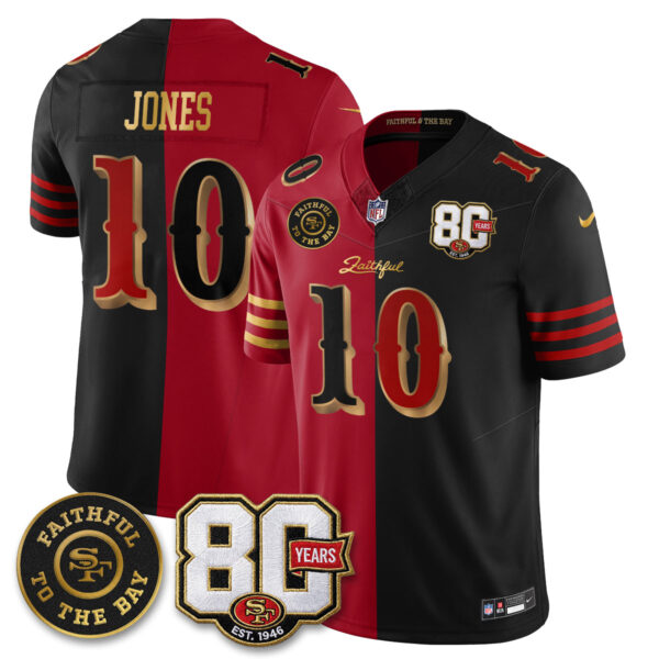 San Francisco 49ers Mac Jones 80th Anniversary “Rivalries” Faithful To The Bay Patch Vapor Limited Jersey - All Stitched - Split