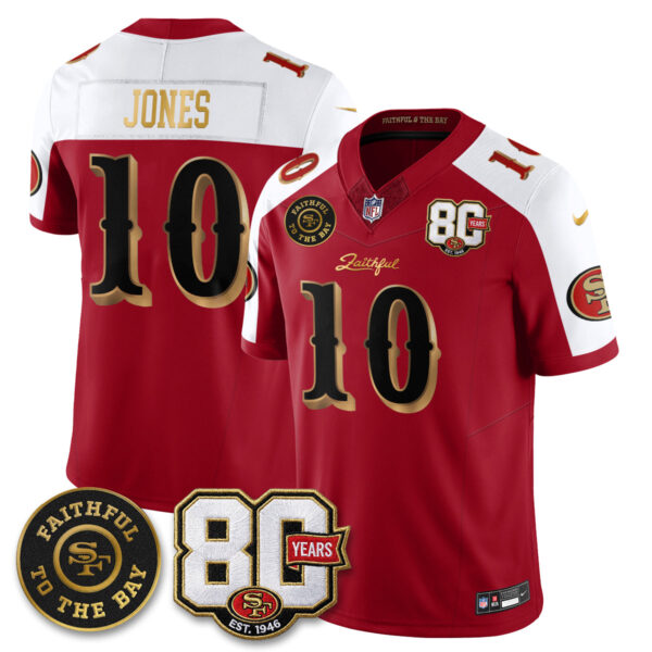 San Francisco 49ers Mac Jones 80th Anniversary “Rivalries” Faithful To The Bay Patch Vapor Limited Jersey - All Stitched - Red Alternate