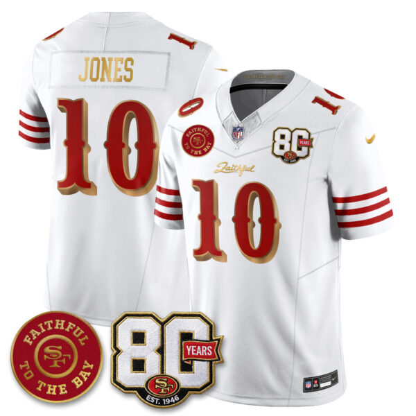San Francisco 49ers Mac Jones 80th Anniversary “Rivalries” Faithful To The Bay Patch Vapor Limited Jersey - All Stitched - White Gold