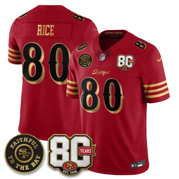 San Francisco 49ers Jerry Rice 80th Anniversary “Rivalries” Faithful To The Bay Patch Vapor Limited Jersey - All Stitched - Red Gold