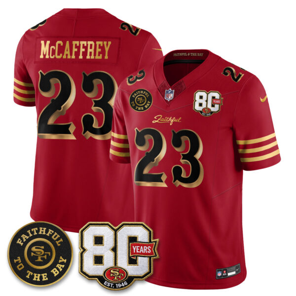 San Francisco 49ers Christian McCaffrey 80th Anniversary “Rivalries” Faithful To The Bay Patch Vapor Limited Jersey - All Stitched - Red Gold