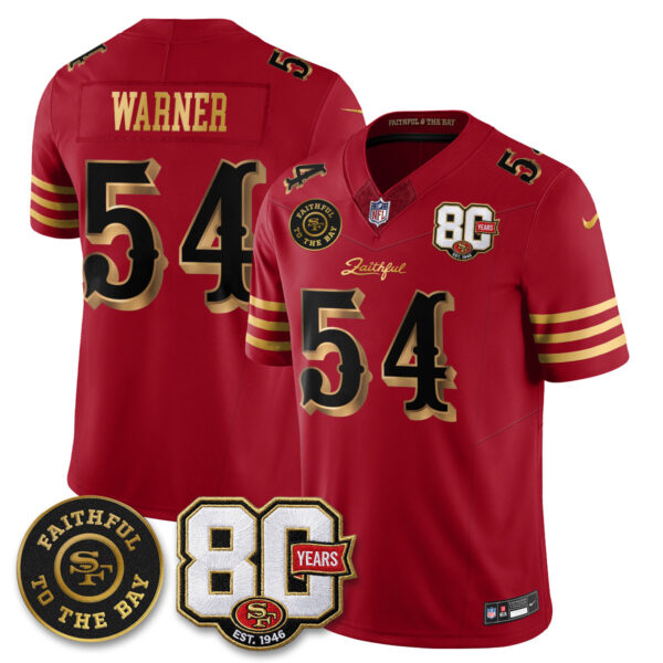 San Francisco 49ers Fred Warner 80th Anniversary “Rivalries” Faithful To The Bay Patch Vapor Limited Jersey - All Stitched - Red Gold