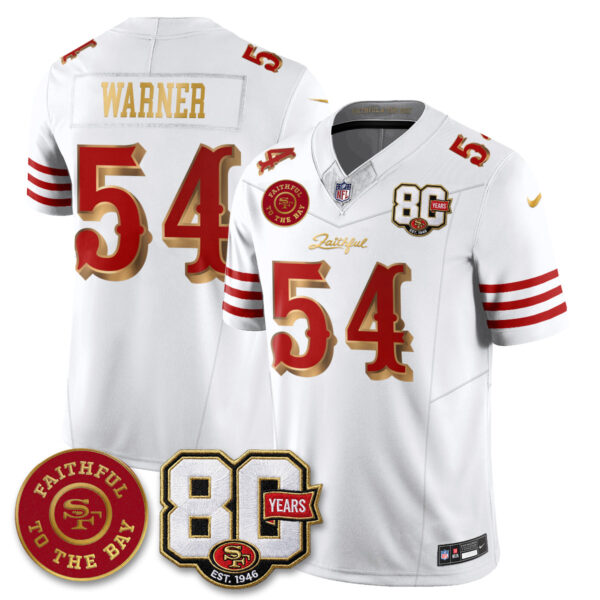 San Francisco 49ers Fred Warner 80th Anniversary “Rivalries” Faithful To The Bay Patch Vapor Limited Jersey - All Stitched - White Gold