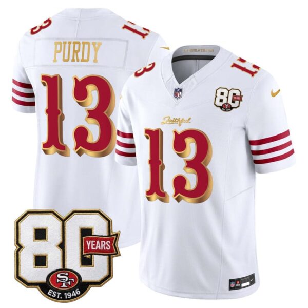 San Francisco 49ers Brock Purdy 80th Anniversary Patch Rivalries Edition Vapor Limited Jersey - All Stitched - White Gold